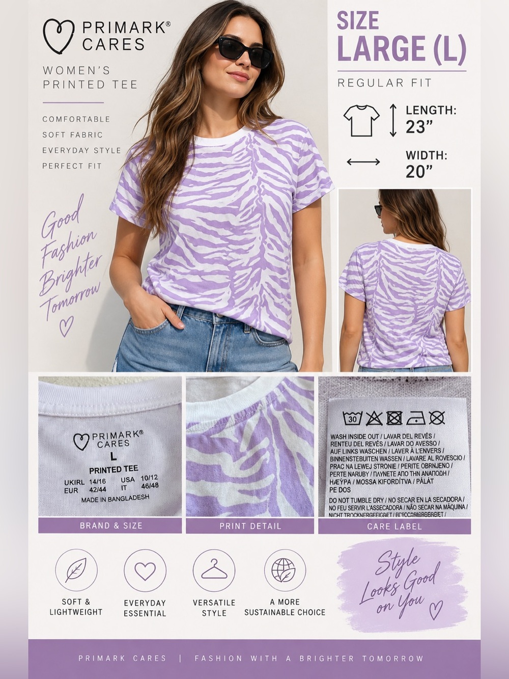Primark Cares Women’s L Purple White Zebra Animal Print Crew Neck Tee Shirt